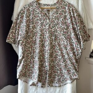 Vintage Shirt 1X Pink Green Floral Button Down Boxy Top Plus Cottagecore Grandma
